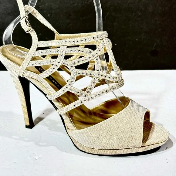 Caparros Gold Silver Rhinestone Open Toe Ankle Strap Strappy 4” Heels Size 7.5 - Picture 2 of 16